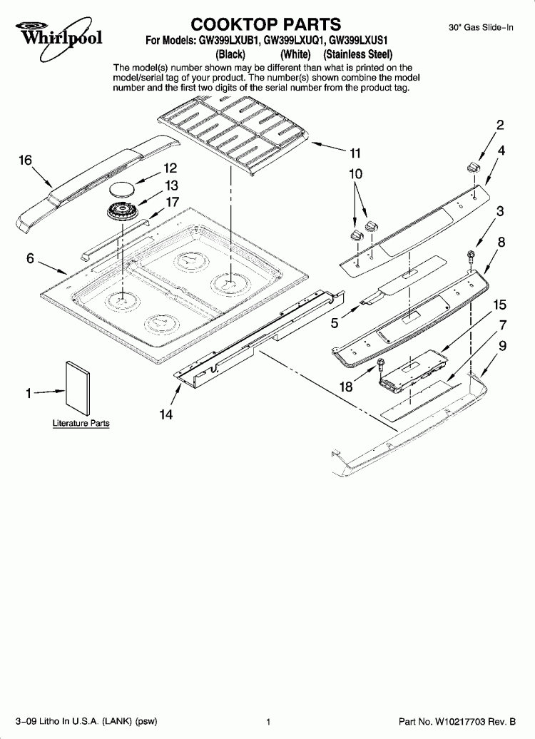COOKTOP PARTS Diagram and Parts List for GW399LXUS1  Whirlpool Range