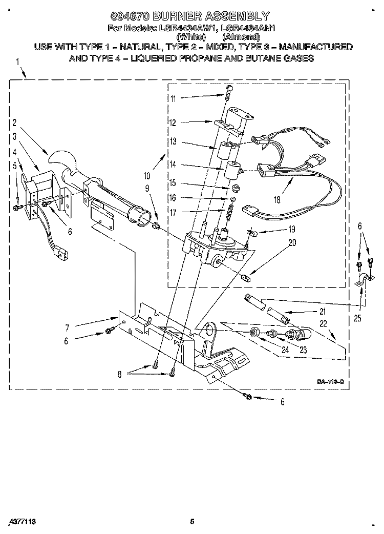 694670 BURNER ASSEMBLY Diagram and Parts List for LGR4434AW1  Whirlpool Dryer