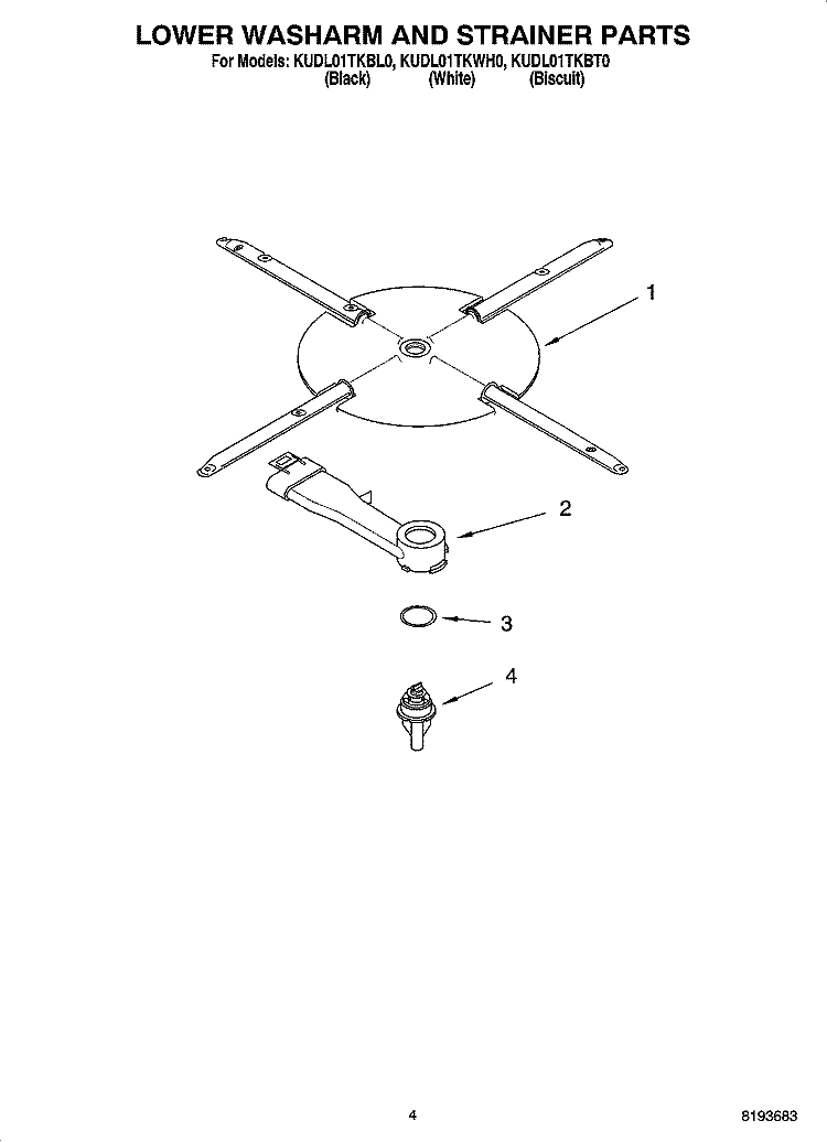 LOWER WASHARM AND STRAINER PARTS Diagram and Parts List for KUDL01TKBL0  KitchenAid Dishwasher
