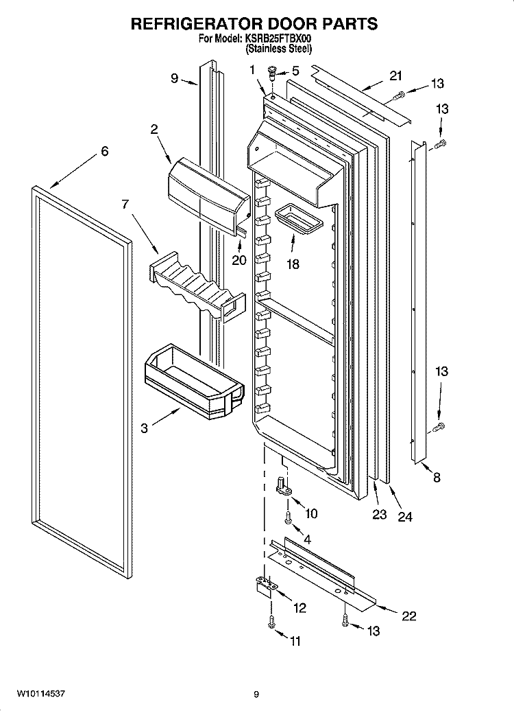 REFRIGERATOR DOOR PARTS Diagram and Parts List for KSRB25FTBX00  KitchenAid Refrigerator