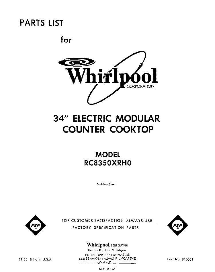 SECTION Diagram and Parts List for RC8350XRH0  Whirlpool Cooktop