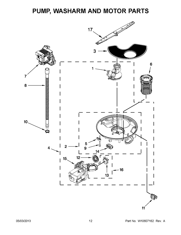 PUMP, WASHARM AND MOTOR PARTS Diagram and Parts List for 7WDF530PAYM5  Whirlpool Dishwasher