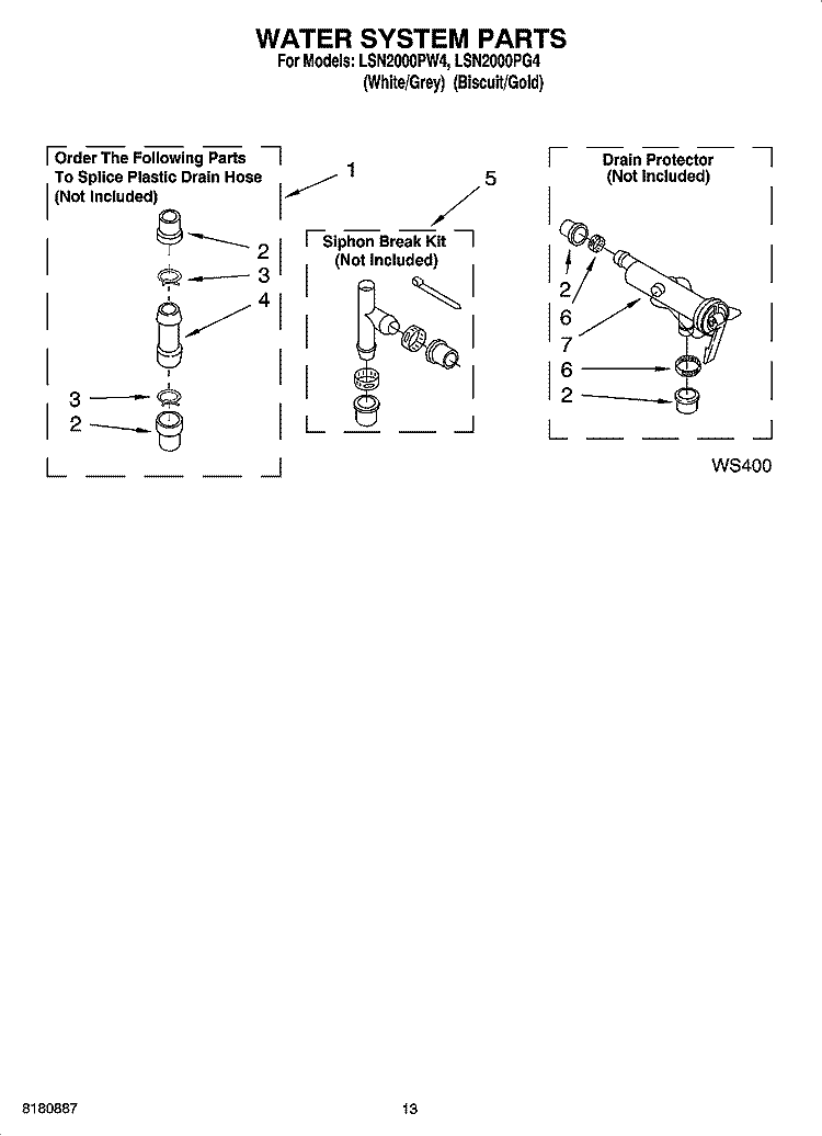 WATER SYSTEM PARTS, OPTIONAL PARTS (NOT INCLUDED) Diagram and Parts List for LSN2000PG4  Whirlpool Washer