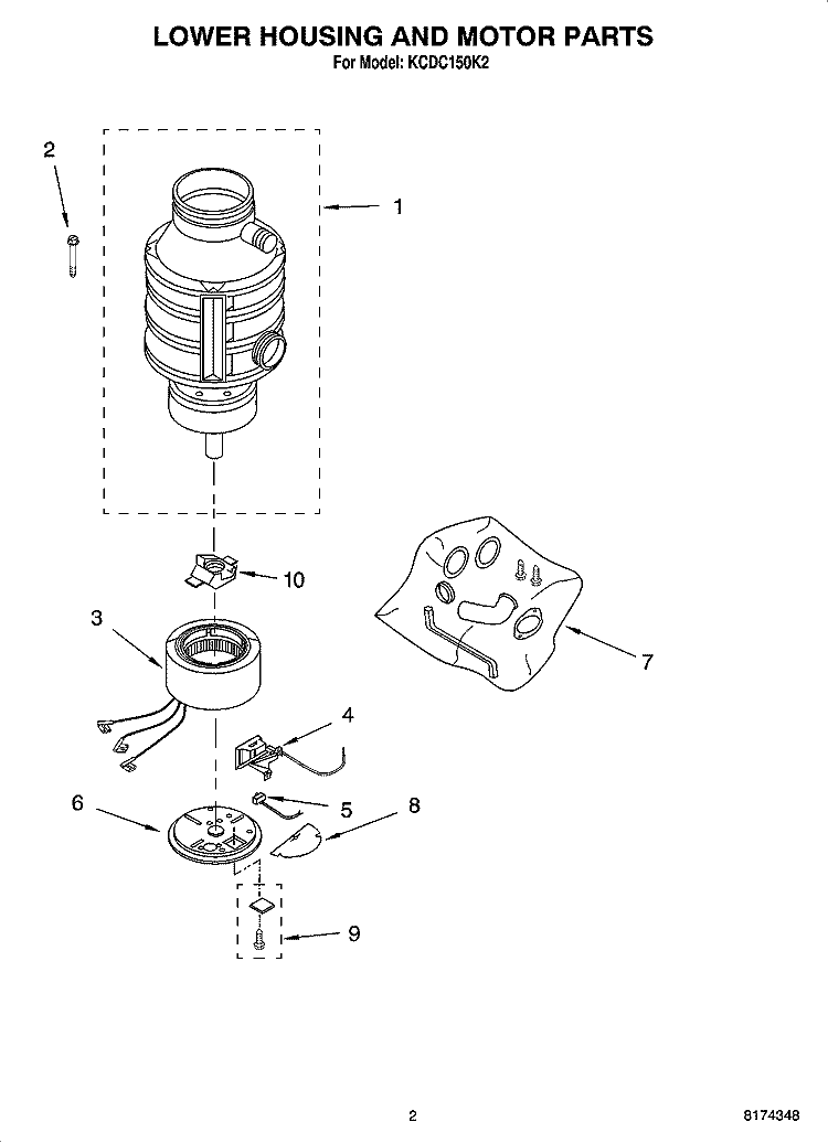 LOWER HOUSING AND MOTOR PARTS Diagram and Parts List for KCDC150K2  KitchenAid Food Waste Disposer