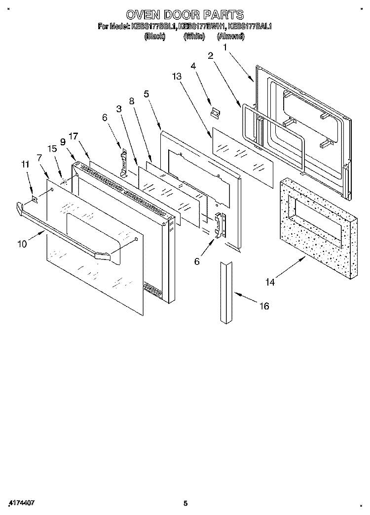 OVEN DOOR Diagram and Parts List for KEBS177BWH1  KitchenAid Wall Oven