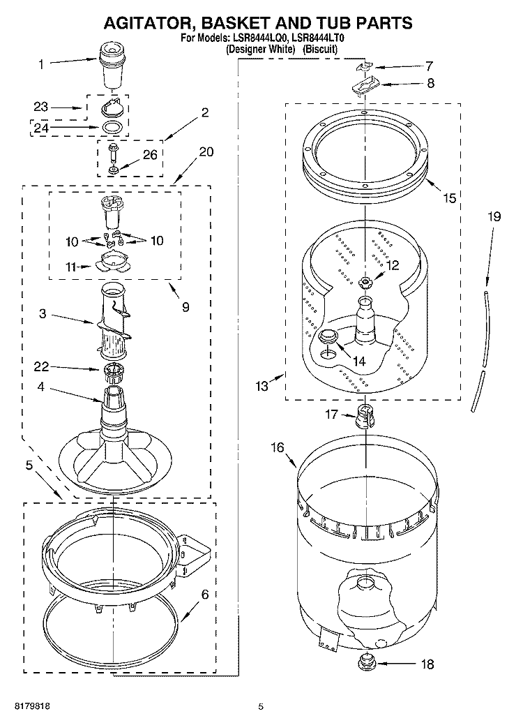 AGITATOR, BASKET AND TUB Diagram and Parts List for LSR8444LT0  Whirlpool Washer