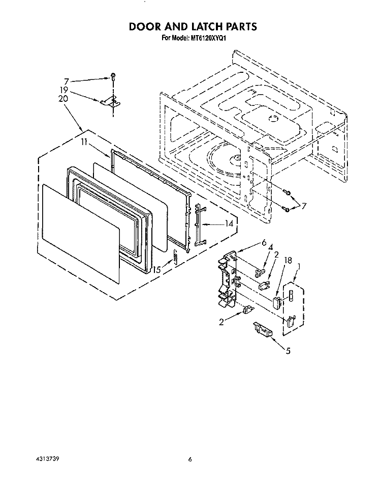 DOOR AND LATCH Diagram and Parts List for MT6120XYQ1  Whirlpool Microwave