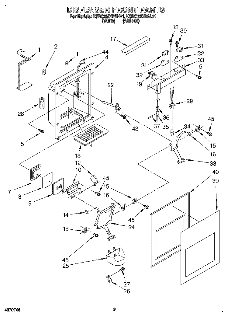 DISPENSER FRONT Diagram and Parts List for KSRC22DBWH01  KitchenAid Refrigerator