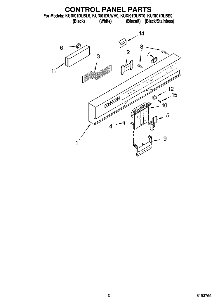 CONTROL PANEL PARTS Diagram and Parts List for KUDI01DLBL0  KitchenAid Dishwasher