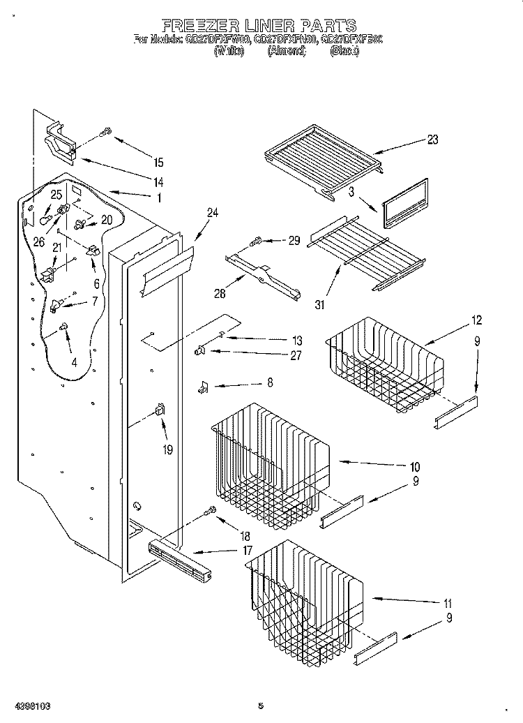 FREEZER LINER Diagram and Parts List for GD27DFXFB00  Whirlpool Refrigerator