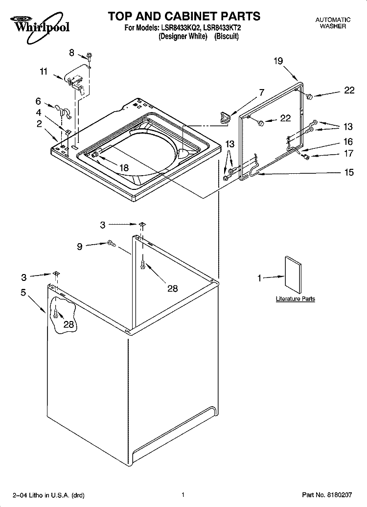 TOP AND CABINET PARTS Diagram and Parts List for LSR8433KQ2  Whirlpool Washer