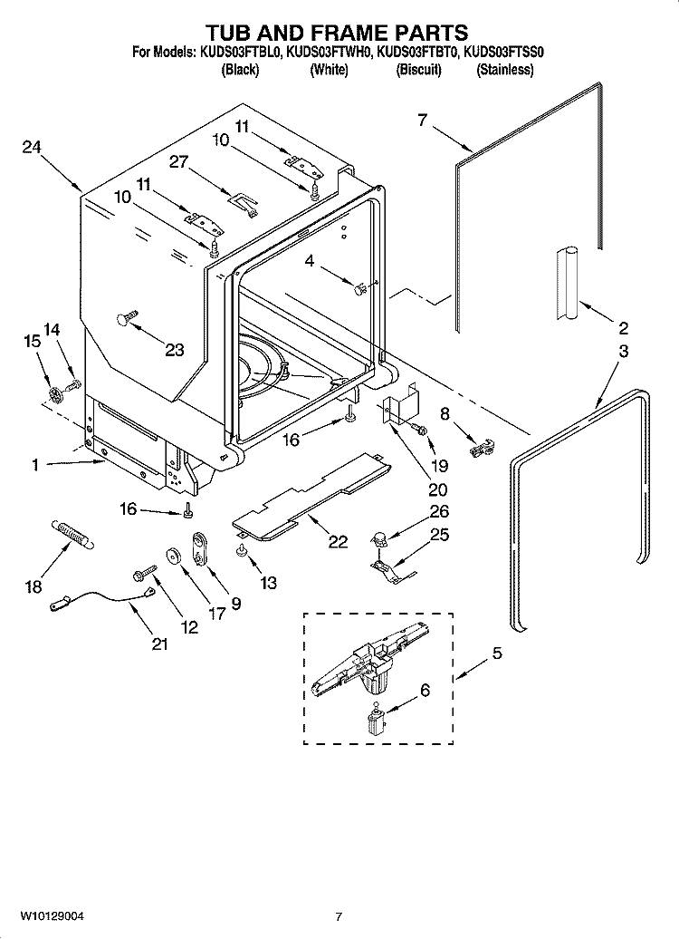 TUB AND FRAME PARTS Diagram and Parts List for KUDS03FTBL0  KitchenAid Dishwasher