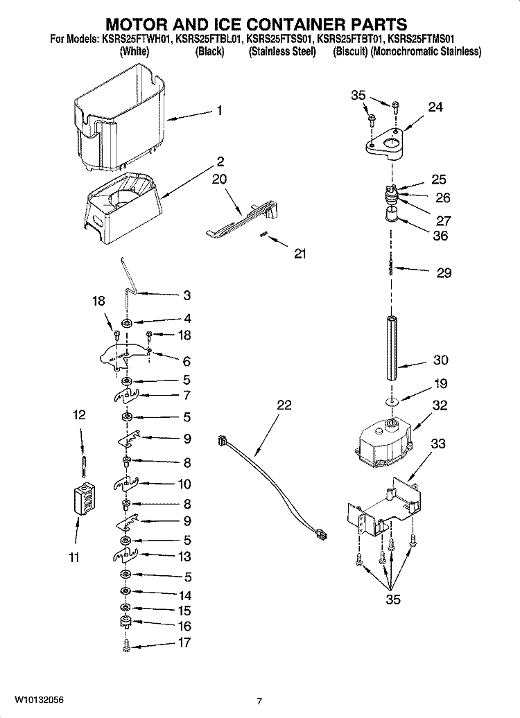 MOTOR AND ICE CONTAINER PARTS Diagram and Parts List for KSRS25FTSS01  KitchenAid Refrigerator