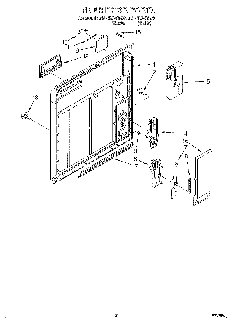 INNER DOOR Diagram and Parts List for DU850DWGB0  Whirlpool Dishwasher