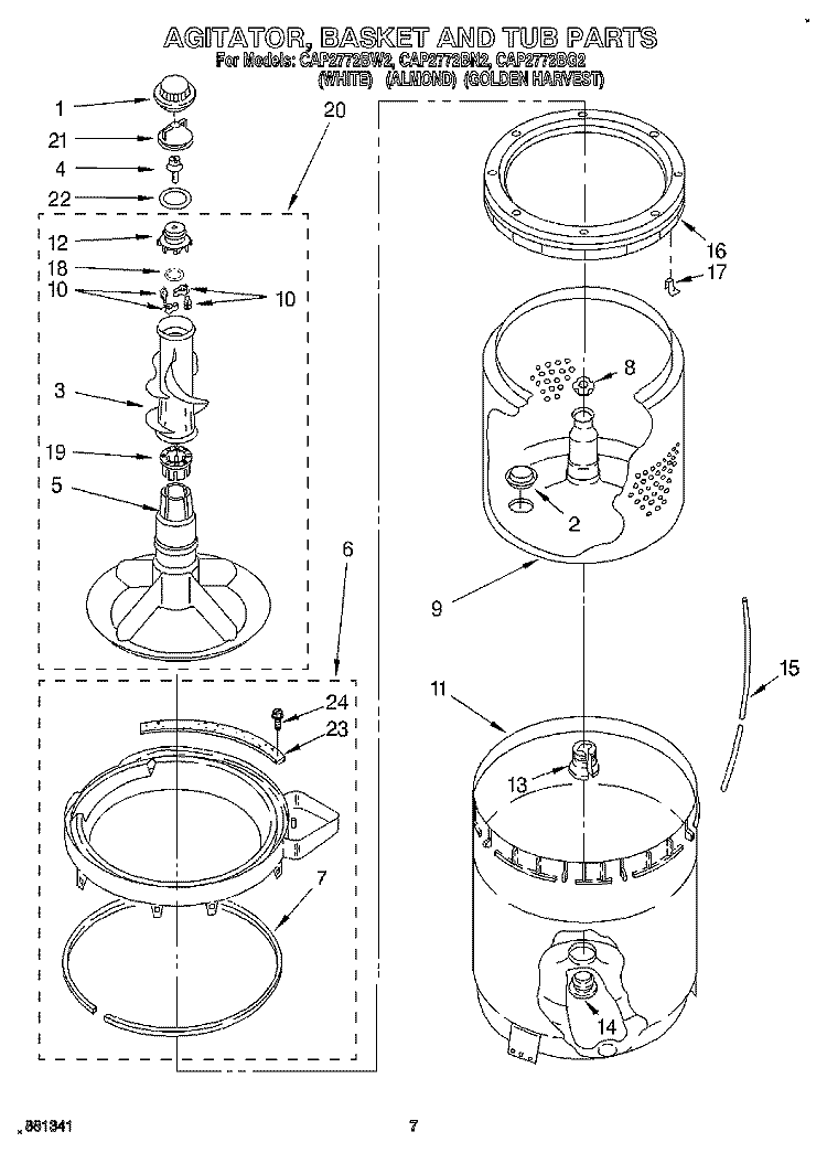 AGITATOR, BASKET AND TUB Diagram and Parts List for CAP2772BG2  Whirlpool Washer