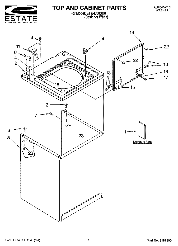 TOP AND CABINET PARTS Diagram and Parts List for ETW4300SQ0  Estate Washer