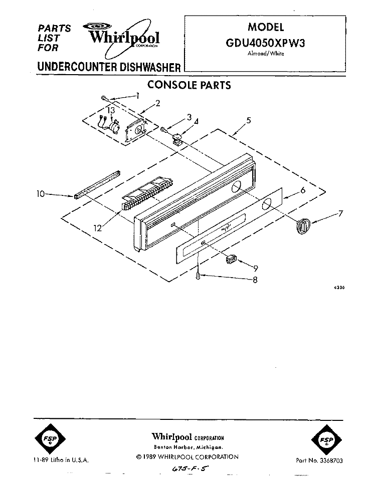 CONSOLE Diagram and Parts List for GDU4050XPW3  Whirlpool Dishwasher