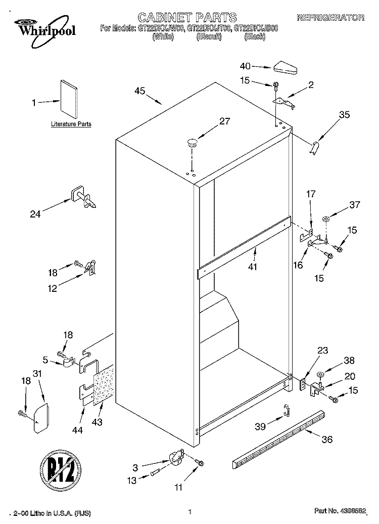 CABINET, LITERATURE Diagram and Parts List for GT22DKXJB00  Whirlpool Refrigerator