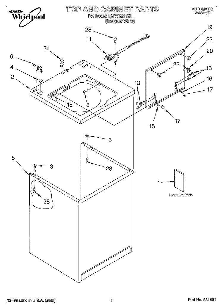 TOP AND CABINET, LITERATURE Diagram and Parts List for LBR4132HQ1  Whirlpool Washer