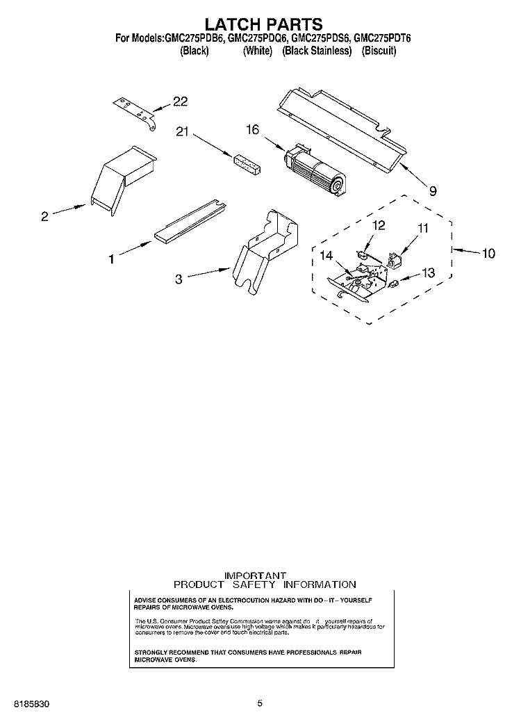 LATCH Diagram and Parts List for GMC275PDS6  Whirlpool Microwave Oven Combo