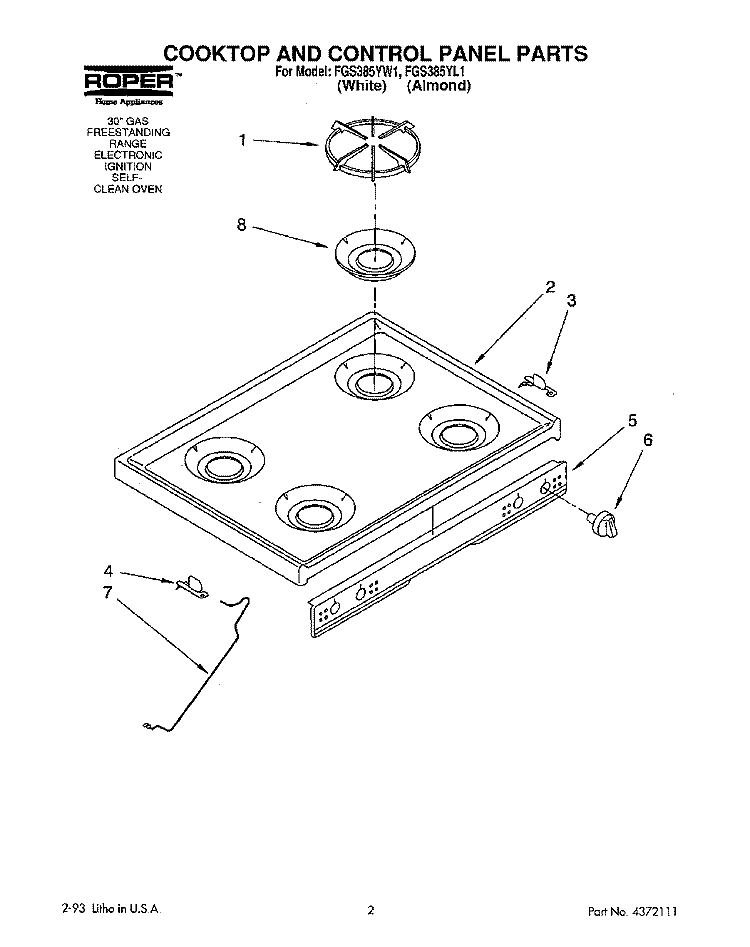 COOKTOP AND CONTROL PANEL Diagram and Parts List for FGS385YL1  Whirlpool Range