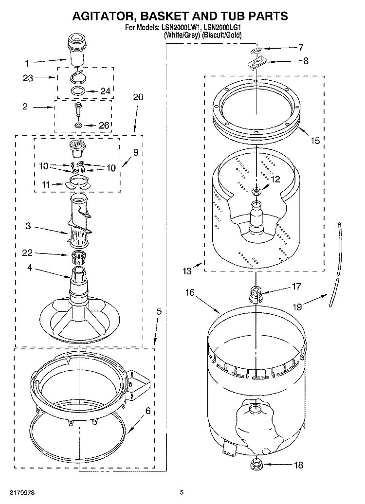 AGITATOR, BASKET AND TUB PARTS Diagram and Parts List for LSN2000LG1  Whirlpool Washer