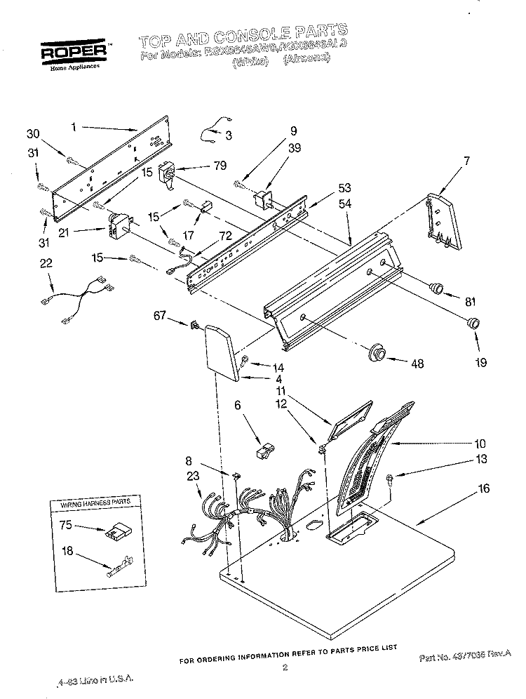 TOP AND CONSOLE, LIT/OPTIONAL Diagram and Parts List for RGX6646AL0  Roper Dryer