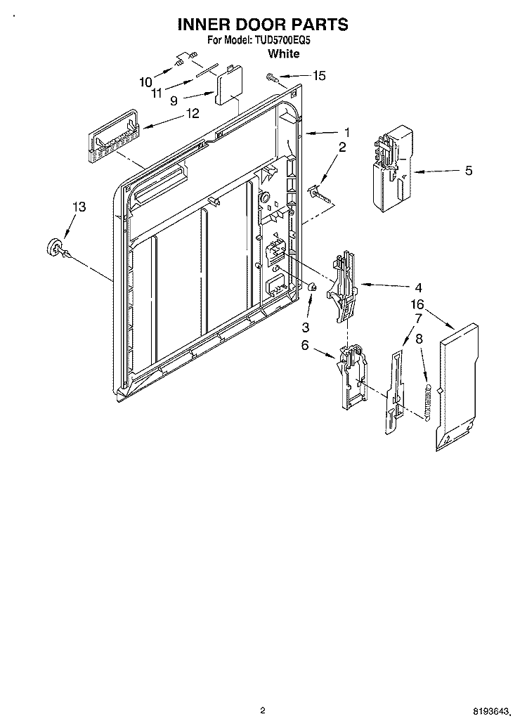 INNER DOOR Diagram and Parts List for TUD5700EQ5  Estate Dishwasher