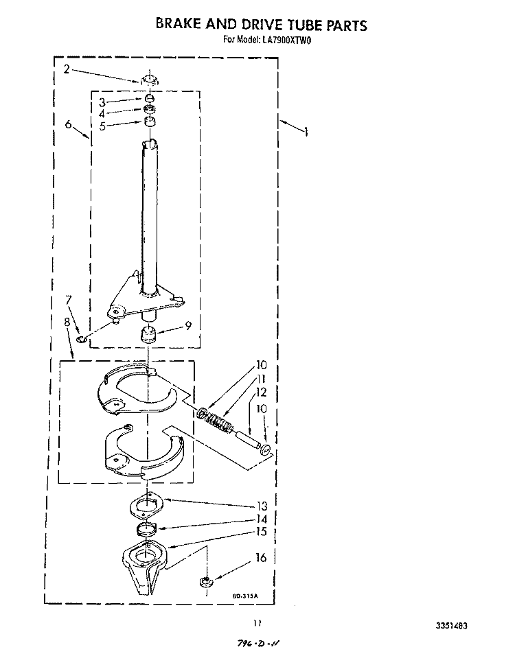 BRAKE AND DRIVE TUBE Diagram and Parts List for LA7900XTG0  Whirlpool Washer