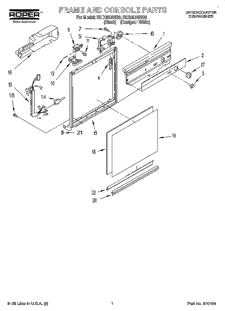 FRAME AND CONSOLE Diagram and Parts List for RUD3000HB0  Roper Dishwasher
