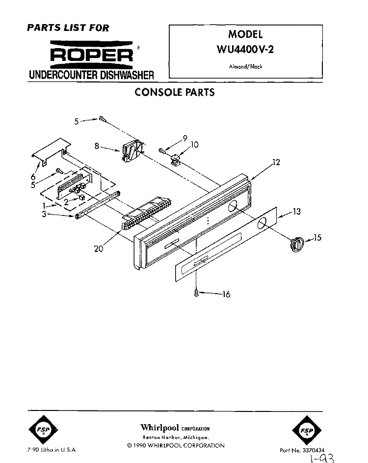 CONSOLE Diagram and Parts List for WU4400V2  Roper Dishwasher