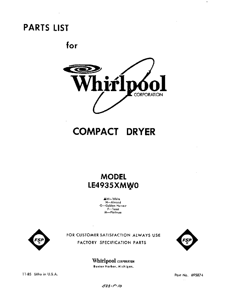 SECTION Diagram and Parts List for LE4935XMW0  Whirlpool Dryer
