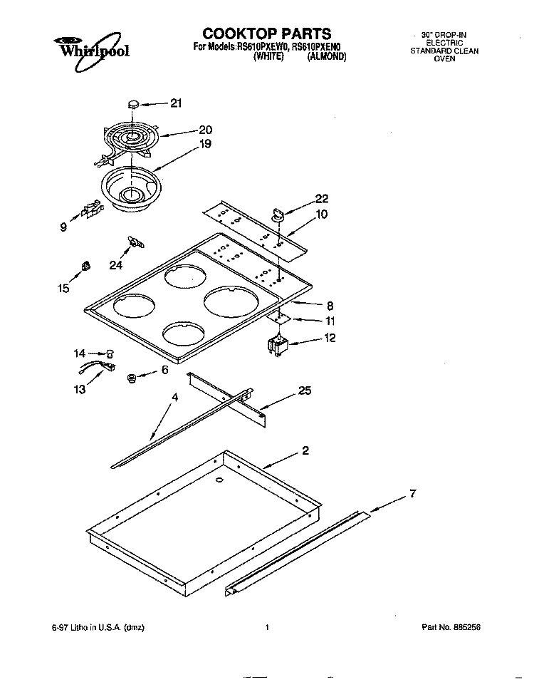 COOKTOP Diagram and Parts List for RS610PXEN0  Whirlpool Range