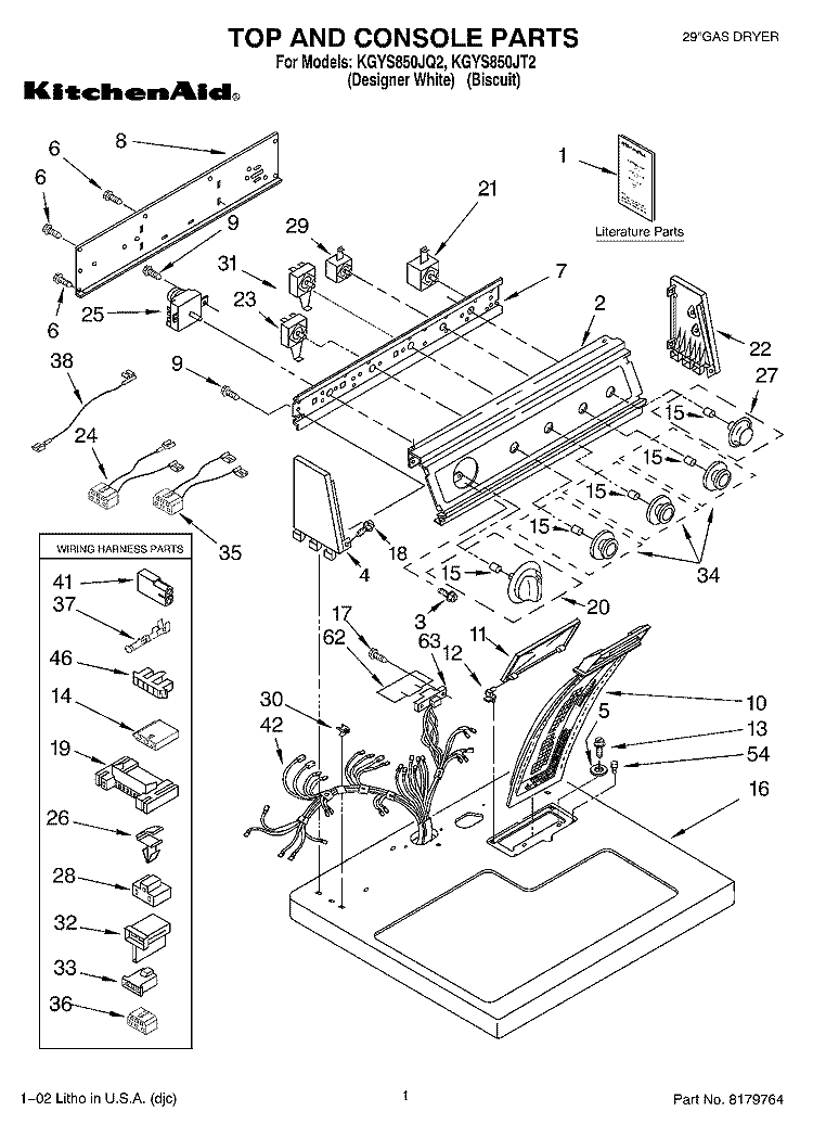 TOP AND CONSOLE, LITERATURE Diagram and Parts List for KGYS850JT2  KitchenAid Dryer