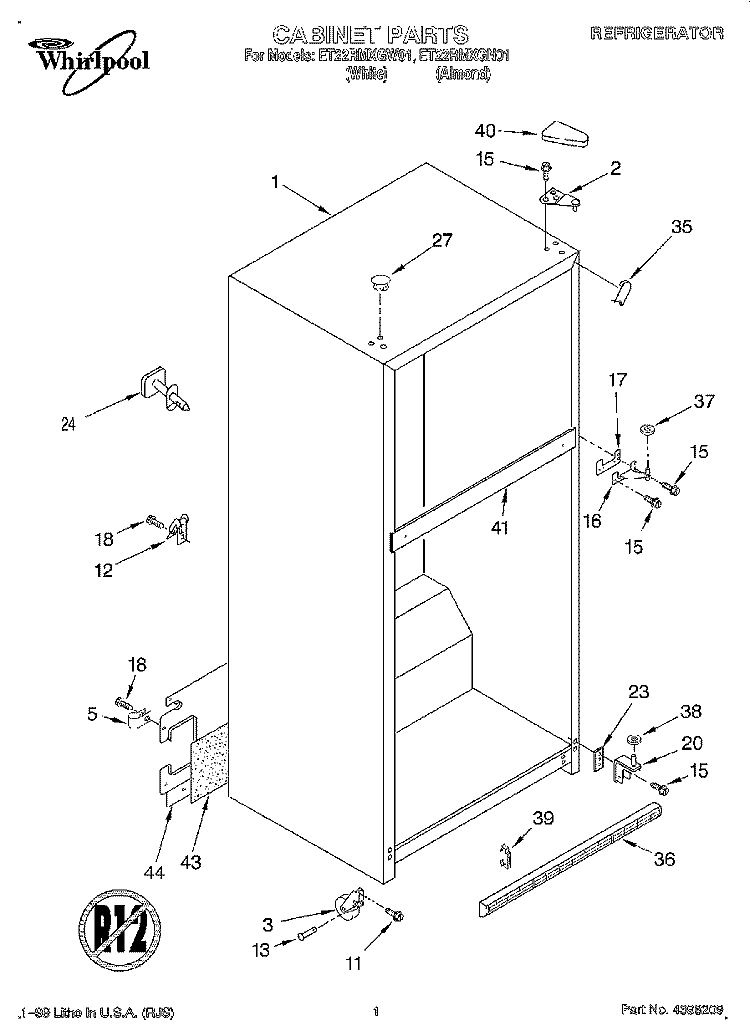 CABINET Diagram and Parts List for ET22RMXGN01  Whirlpool Refrigerator