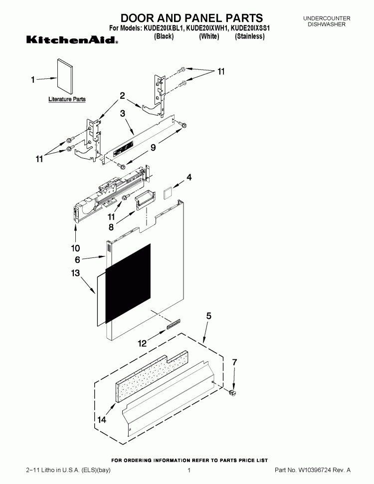 DOOR AND PANEL PARTS Diagram and Parts List for KUDE20IXSS1  KitchenAid Dishwasher