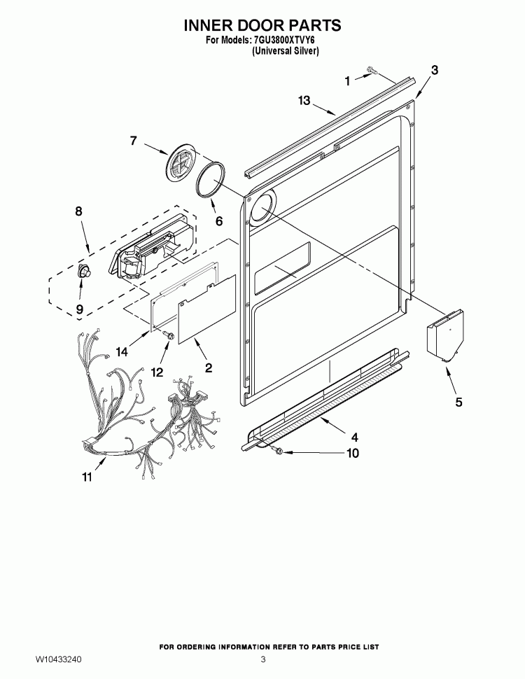 INNER DOOR PARTS Diagram and Parts List for 7GU3800XTVY6  Whirlpool Dishwasher