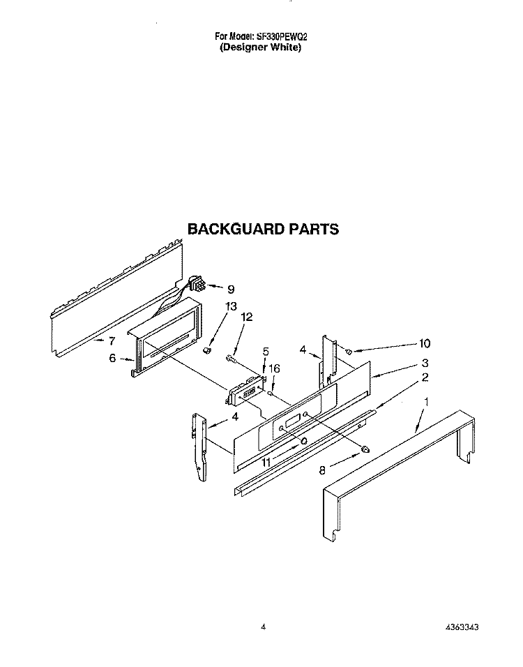 BACKGUARD Diagram and Parts List for SF330PEWQ2  Whirlpool Range