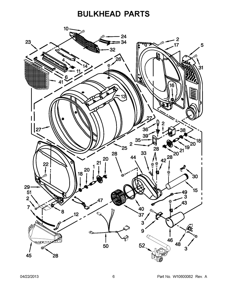 BULKHEAD PARTS Diagram and Parts List for 7MWGD5600BW0  Whirlpool Dryer