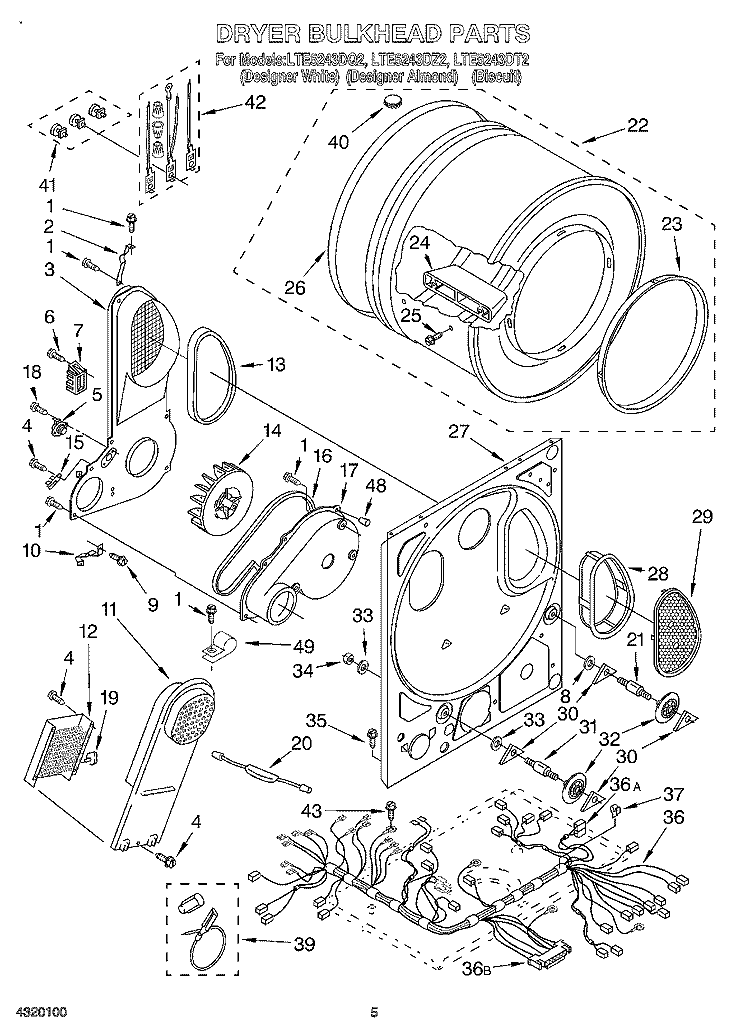 DRYER BULKHEAD Diagram and Parts List for LTE5243DQ2  Whirlpool Washer Dryer Combo