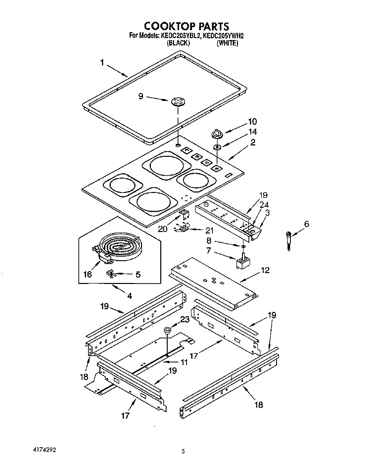 COOKTOP, LIT/OPTIONAL Diagram and Parts List for KEDC205YBL2  KitchenAid Range