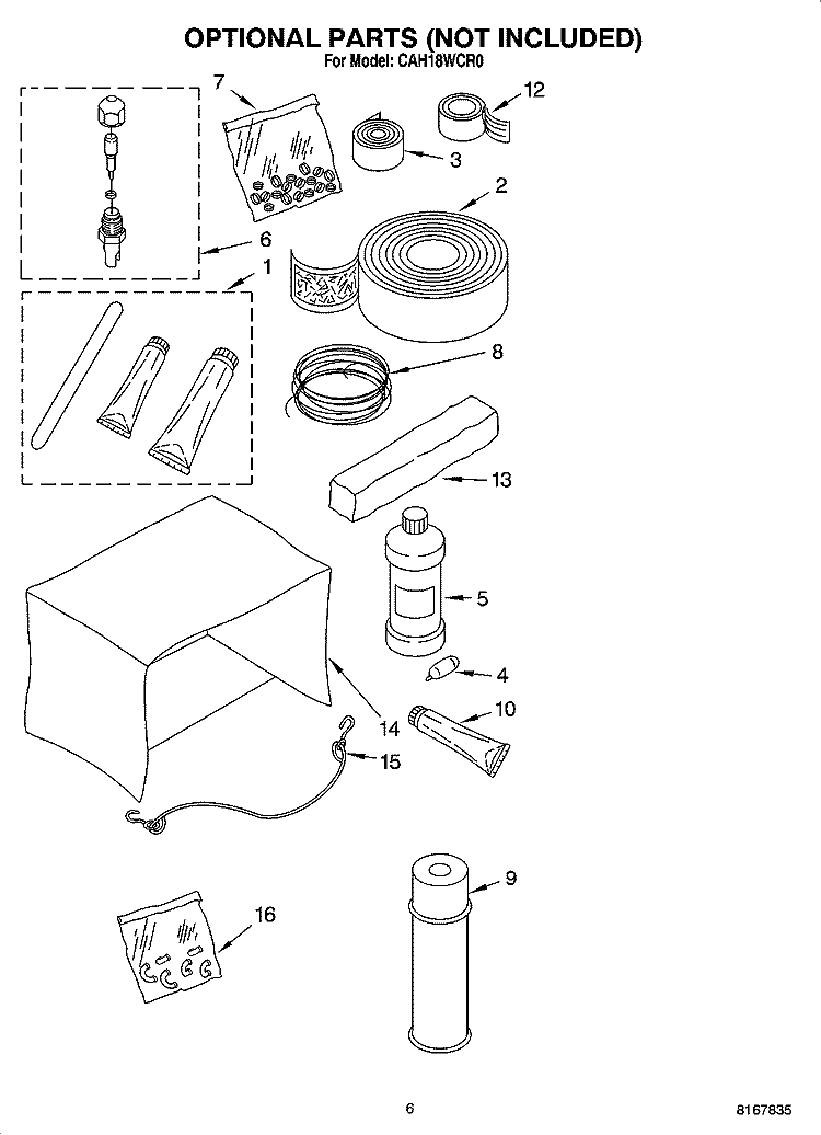OPTIONAL  PARTS (NOT INCLUDED) Diagram and Parts List for CAH18WCR0  Crosley Air Conditioner
