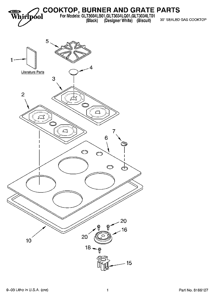 COOKTOP, BURNER AND GRATE PARTS Diagram and Parts List for GLT3034LB01  Whirlpool Cooktop