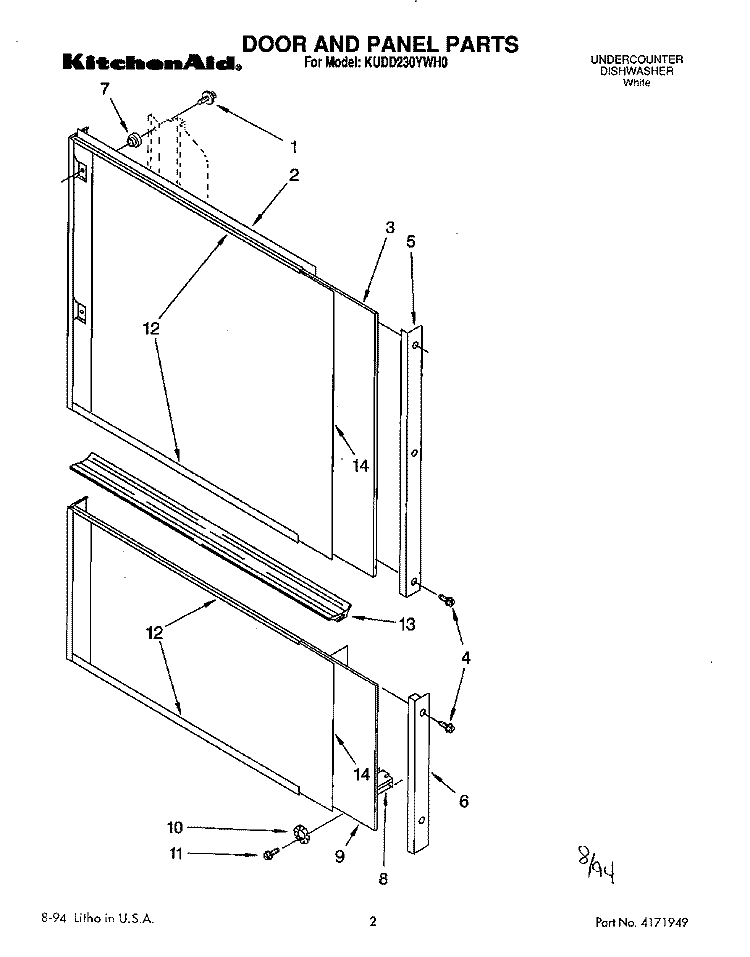 DOOR AND PANEL Diagram and Parts List for KUDD230YWH0  KitchenAid Dishwasher