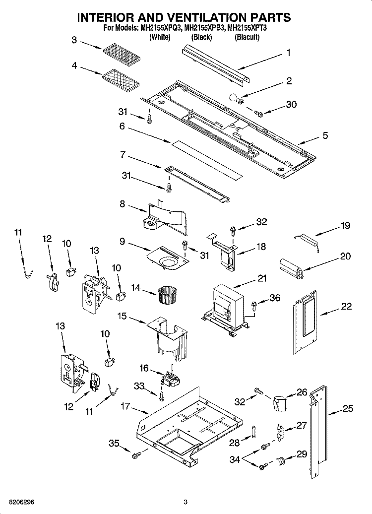 INTERIOR AND VENTILATION PARTS Diagram and Parts List for MH2155XPQ3  Whirlpool Microwave
