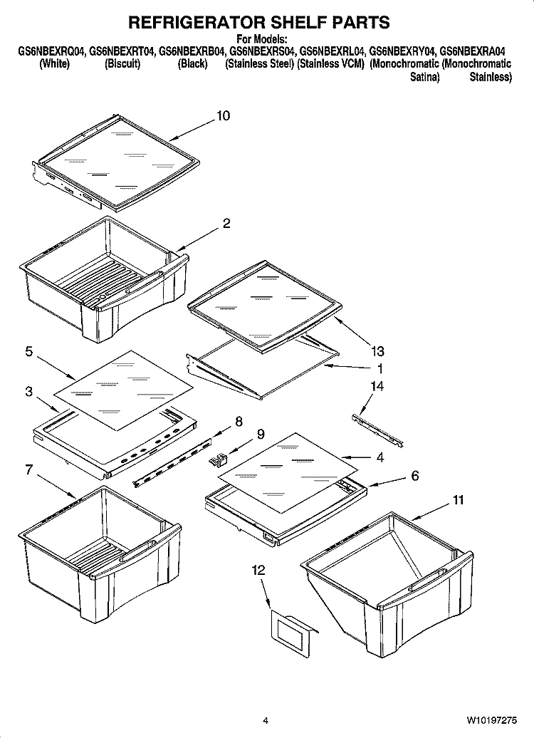 REFRIGERATOR SHELF PARTS Diagram and Parts List for GS6NBEXRY04  Whirlpool Refrigerator