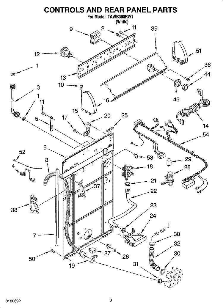 CONTROL AND REAR PANEL PARTS Diagram and Parts List for TAWB300RW1  Estate Washer
