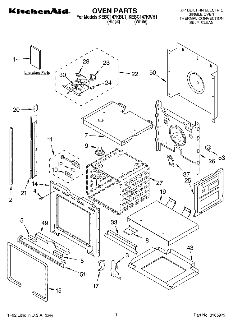 OVEN, LITERATURE Diagram and Parts List for KEBC147KBL1  KitchenAid Range