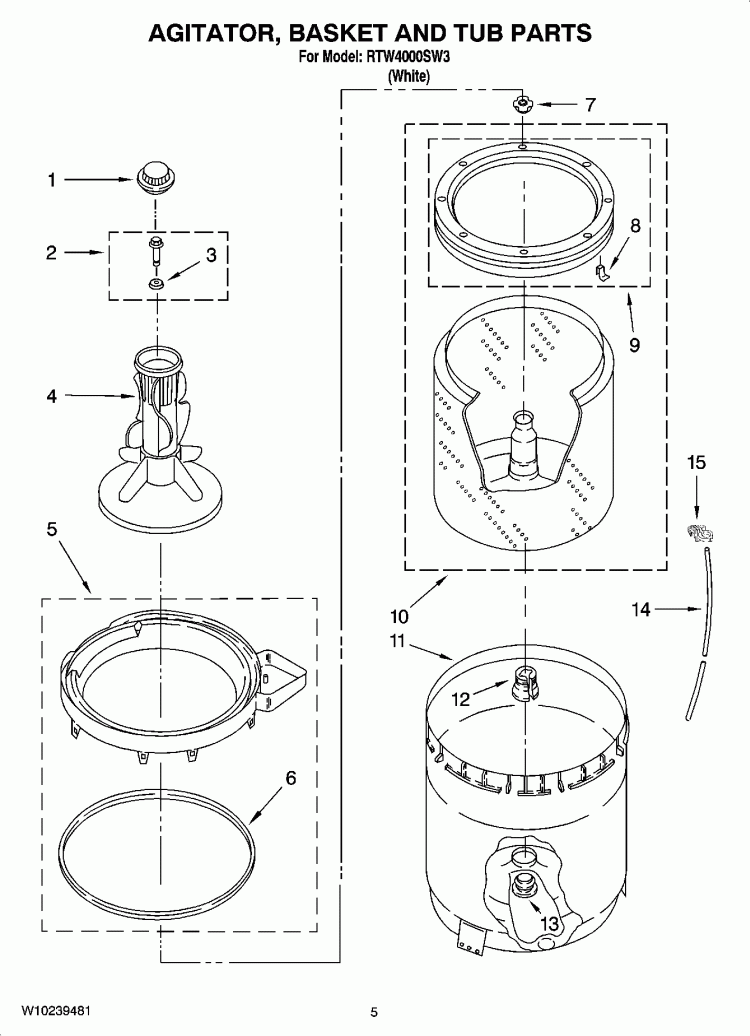 AGITATOR, BASKET AND TUB PARTS Diagram and Parts List for RTW4000SW3  Roper Washer