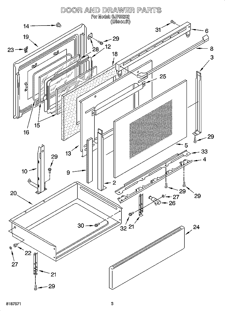 DOOR AND DRAWER PARTS Diagram and Parts List for GJP85202  Whirlpool Range